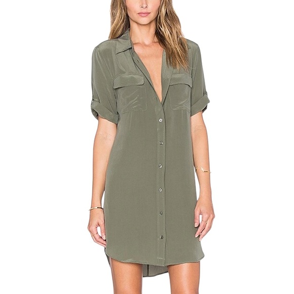 Equipment Button Up Shirt Dress Silk Mini Olive Green Lightweight Slim Fit Small - Picture 1 of 9